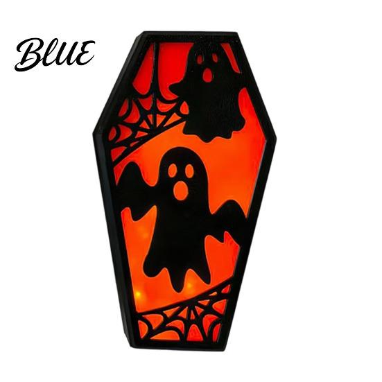 Solid Wood Halloween Craft Casket Decor DIY Bat Ghost Ornament with Lights 3D Wooden Decoration Spooky Graveyard Scene Prop for Party Home