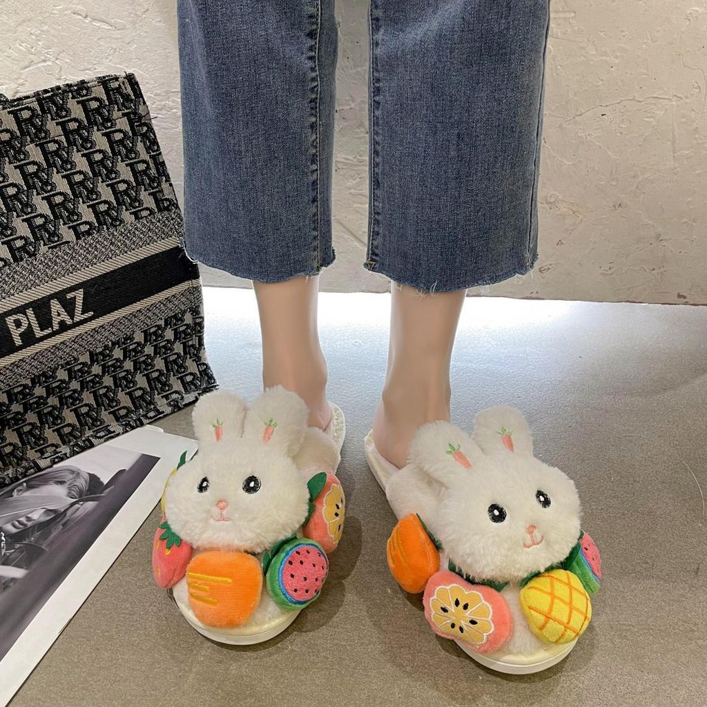Flat Bottom Comfortable Non-slip Cotton Slippers Fashion Cartoon Bunny Home Plush Slippers 2025 Autumn and Winter New