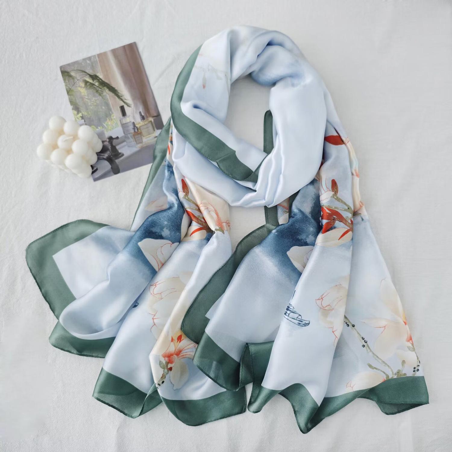 Spring and summer new new silk satin double-sided printing long scarf shawl national style ink floral atmosphere literary neck scarf 185*80cm