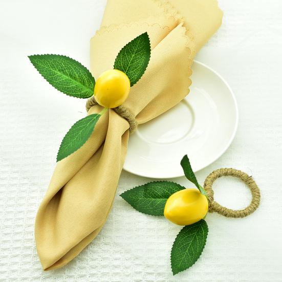 2Pcs Lemon Napkin Rings Twine Napkin Holder with Faux Yellow Lemon Rustic Fruit Napkin Rings for Wedding Banquet Birthday Party Dinner Table