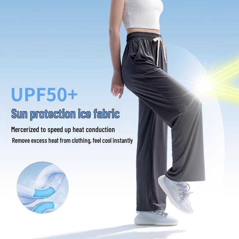 Damskie spodnie slim chroniące przed słońcem z jedwabiu lodowego: Oddychające, Szybkoschnące, Przeciw komarom, Spodnie z szerokimi nogawkami na lato.
