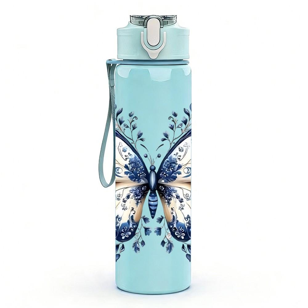 1PC Bright Blue Butterfly Pattern 750ml Color Plastic Sports Water Bottle Leakproof Flip Straw Lid Suitable for Sports Office Home Use