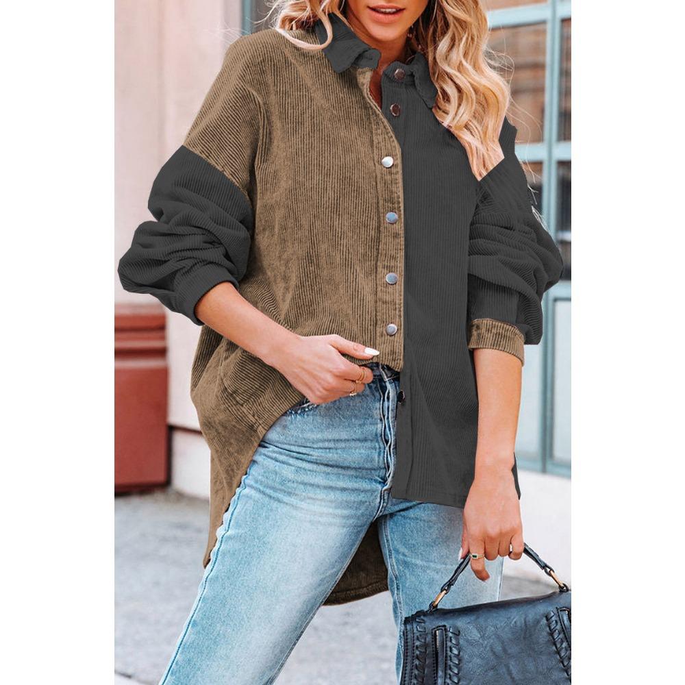 Women's Loose Casual Color Blocked Lapel Button Long Sleeved Shirt Top Long Sleeved Shirt