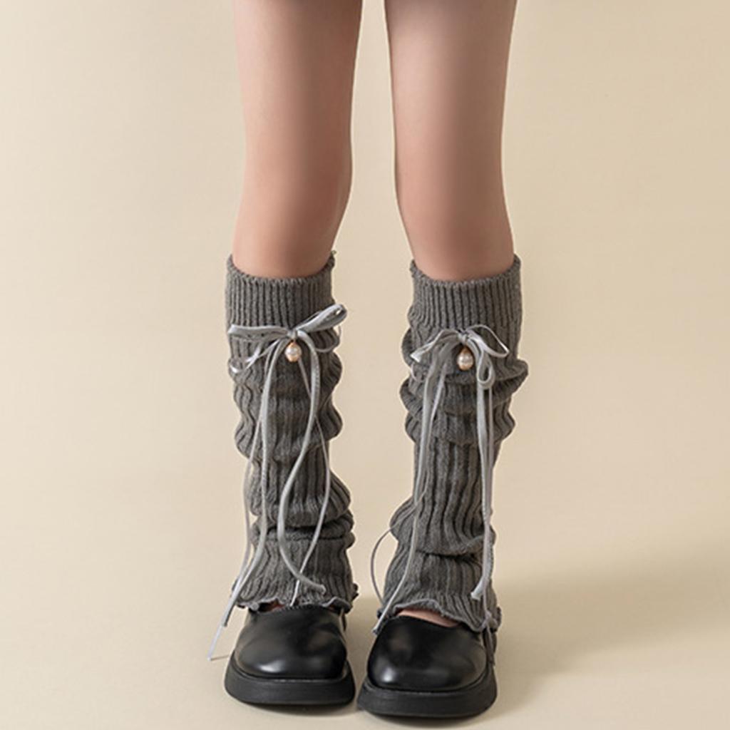 Lovely Bell Decorated Socks Stackable Long Ribbon Girls Pile Up Socks Classic Solid Color Sock Sleeves Knitted Leg Cover
