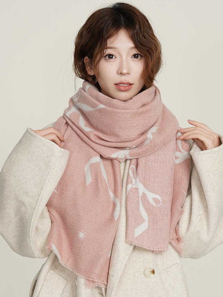 New Imitation Cashmere Knitted Scarf Winter Women Men Casual Sweet Bow Print Warm Scarve Pashmina Mujer Male Foulard Wrap Shawl