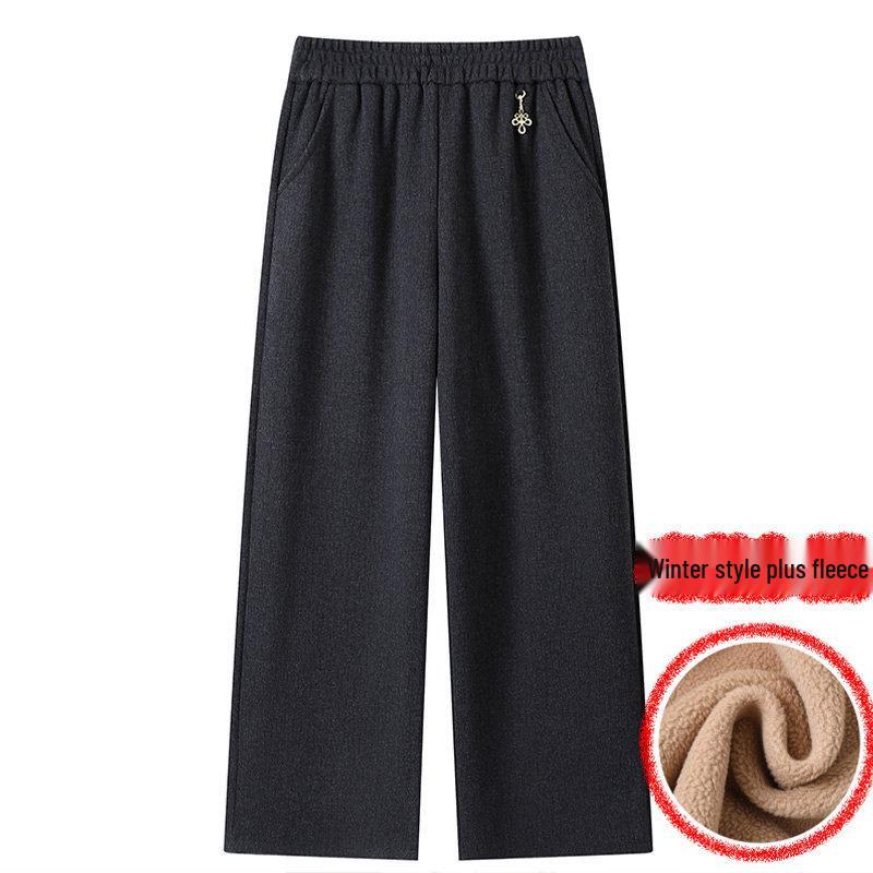 Extra-Size Women's Plus Velvet Wide-Leg Pants for Autumn and Winter, Middle-Aged and Elderly