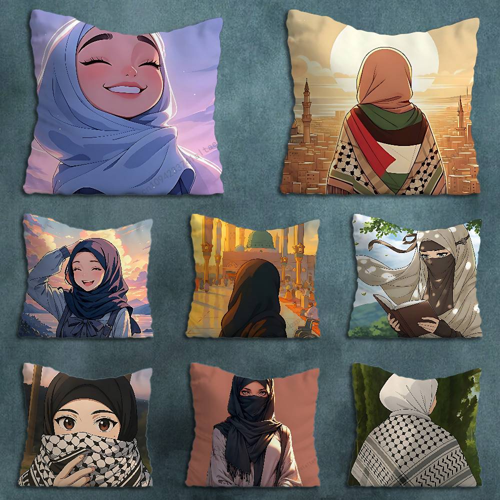 Cartoon Arabic Muslim Girls Throw Pillow Case Living Room Sofa Cushion Cover For Home Bedroom Decoration Protector