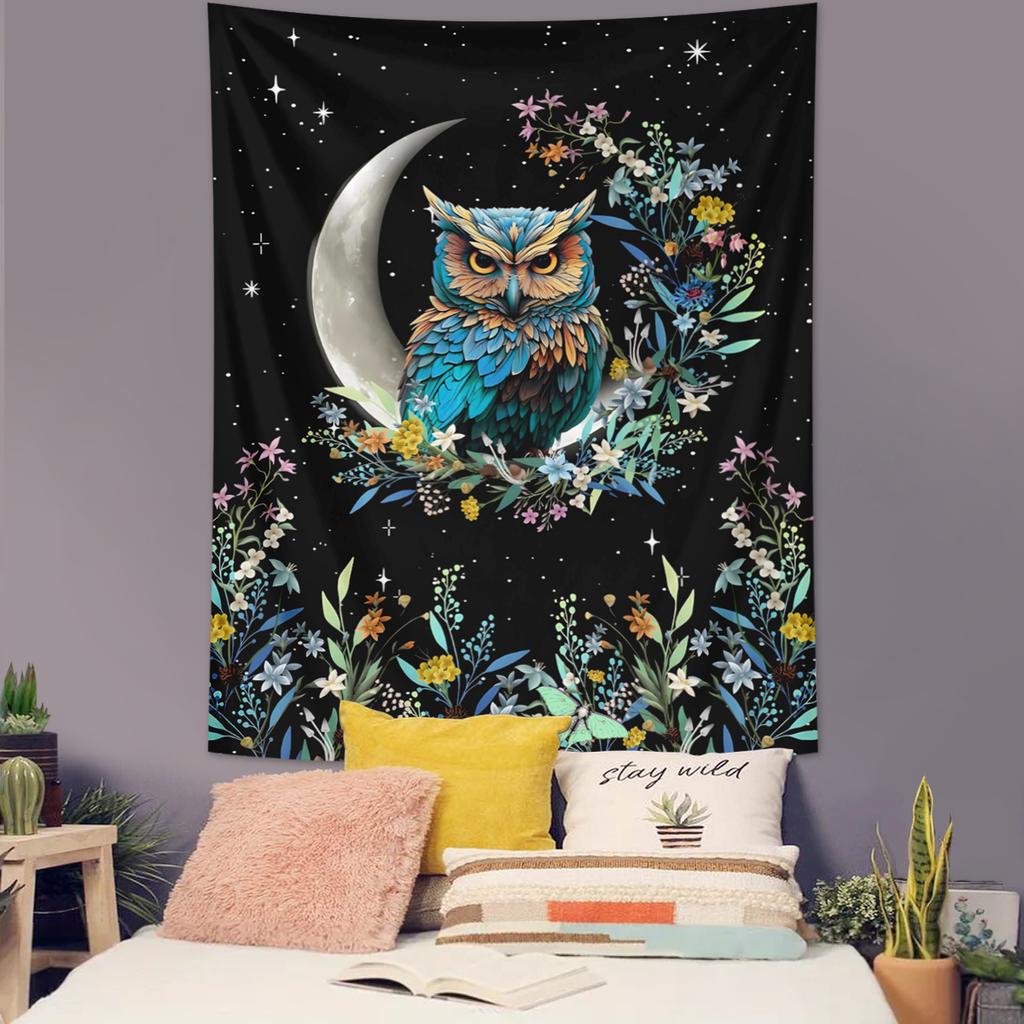 1pc Bohemian Owl Floral Aesthetic Tapestry, Moon and Starry Sky Tapestry, Cute Owl Plant Floral Plant Room Tapestry