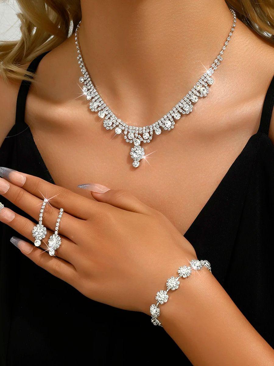 

4 шт. женский модный цирконовый набор страз женские серьги ожерелье браслет цирконовый набор свадебное платье банкетная вечеринка аксессуары copper&45cm