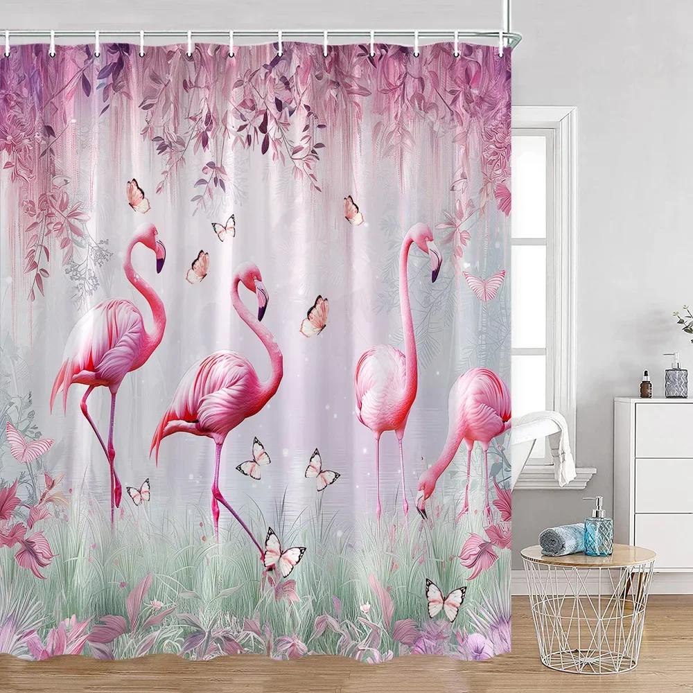Tropical Jungle Flamingo Shower Curtains Animals Lake Lotus Flowers Palm Tree Plant Forest Scenery Fabric Bathroom Curtain Decor