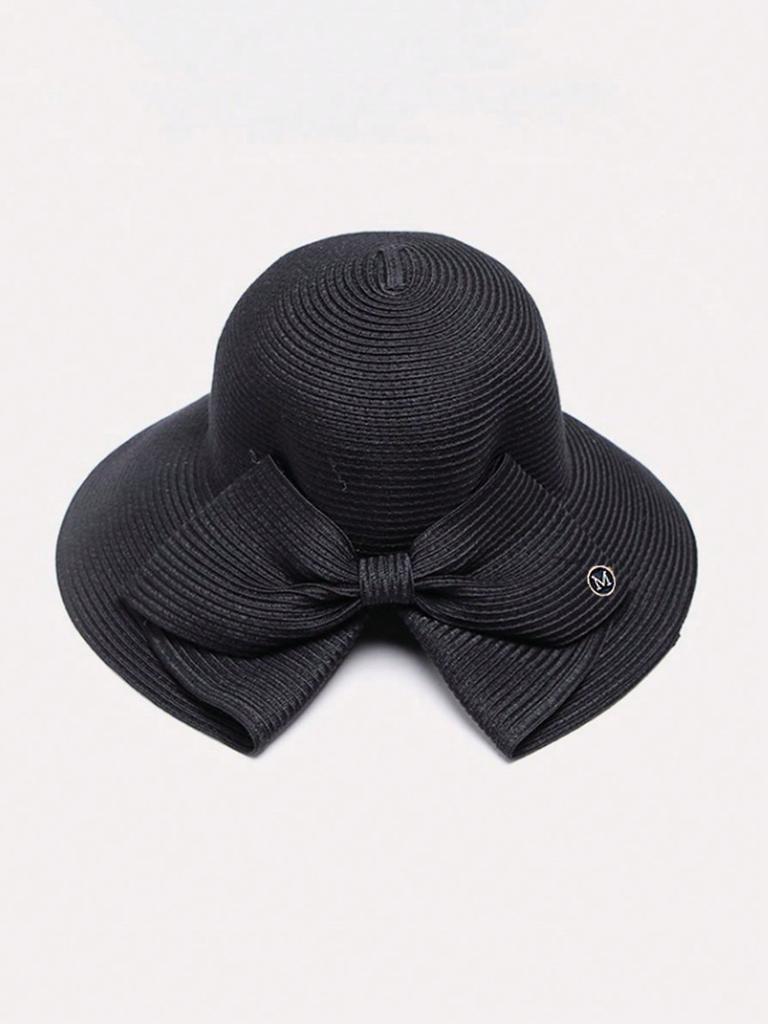 1pc Women Straw Hat With Bowknot & Wide Brim For Spring/Summer Beach Outings, Outdoor New Fashion Sun Protection Hat