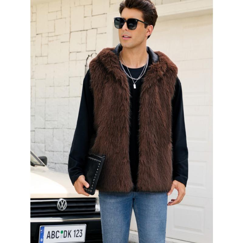 Men s Striped Faux Fur Hooded Vest Warm Sleeveless Casual Waistcoat M коричневый