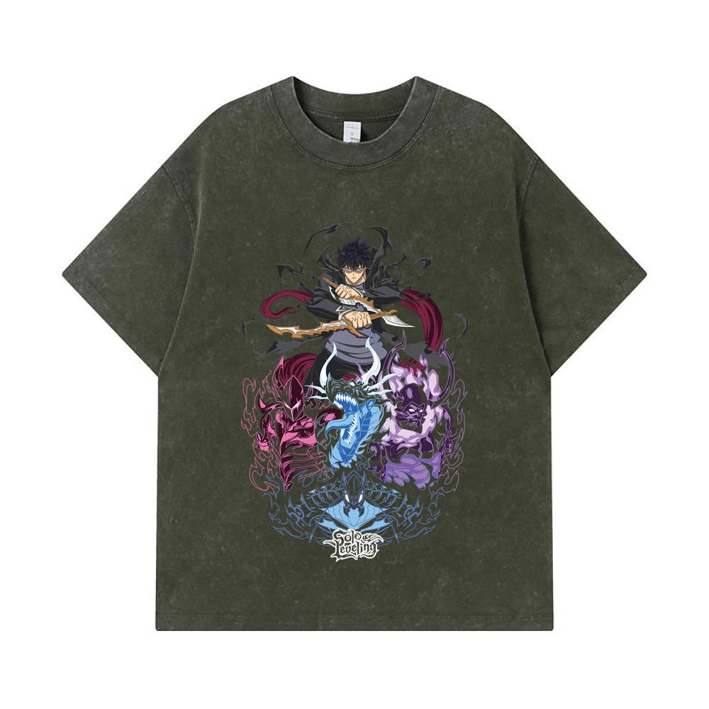 

275 GSM Washed T-shirts 100% Cotton Solo Leveling V15 Print Unisex Heavy Cotton T Shirt S армия зеленый