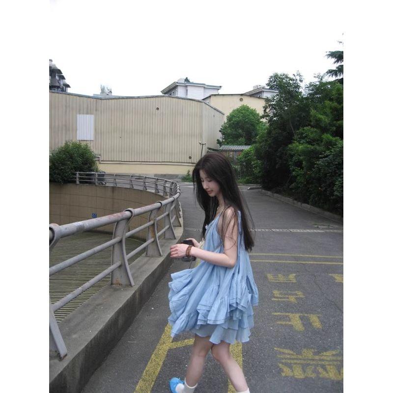 Kumikumi Seaside Holiday Style Blue Irregular Vest Sling Women Summer Cake Skirt Skirt Two-piece Set