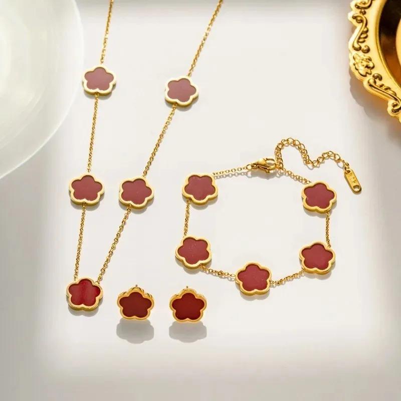 18k Plated Gold Stainless Steel Five Point Star Bracelet Necklace Earrings Double Sided Plum Blossom Chain Party Jewelry Clover