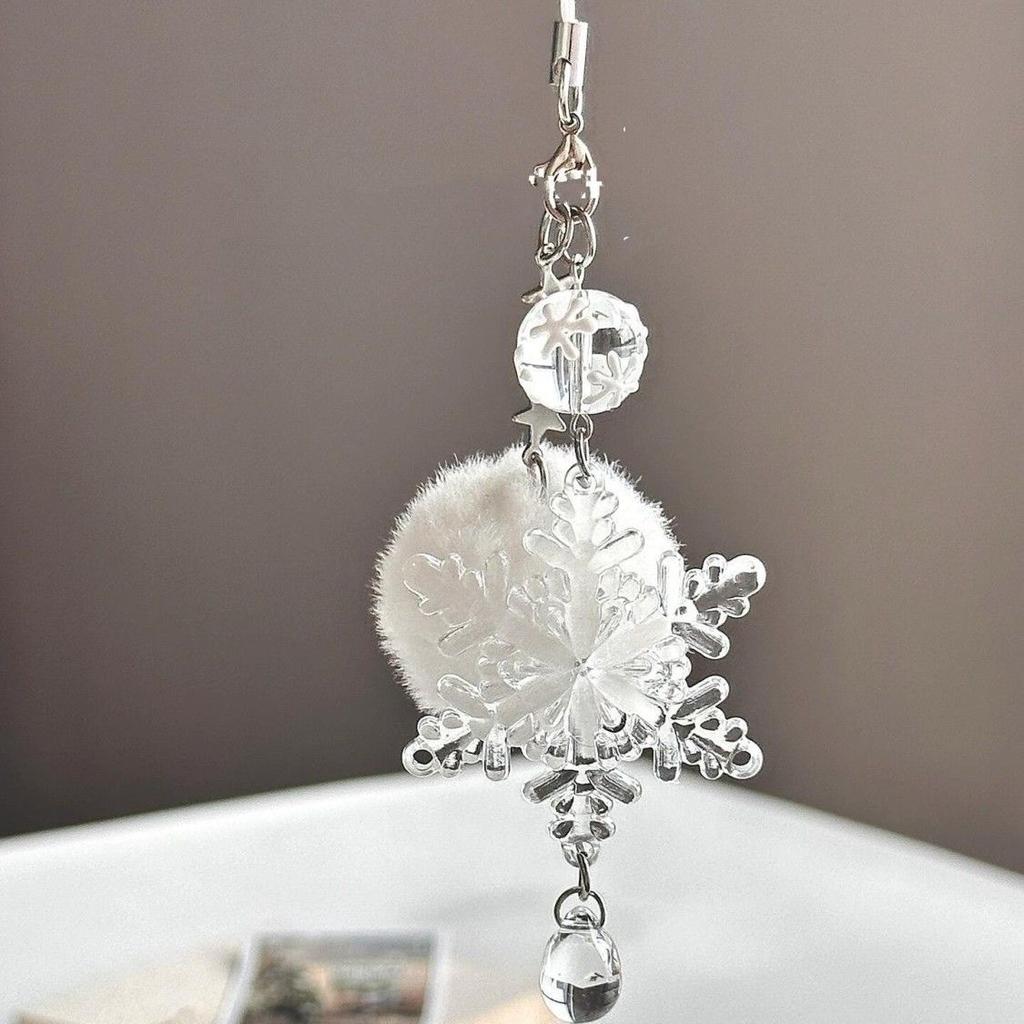 Snowflake Phone Charm Winter White Fur Ball Glass Clear Star Bead Cellphone Strap Keychain Wallet Camera Schoolbag Decor Jewelry