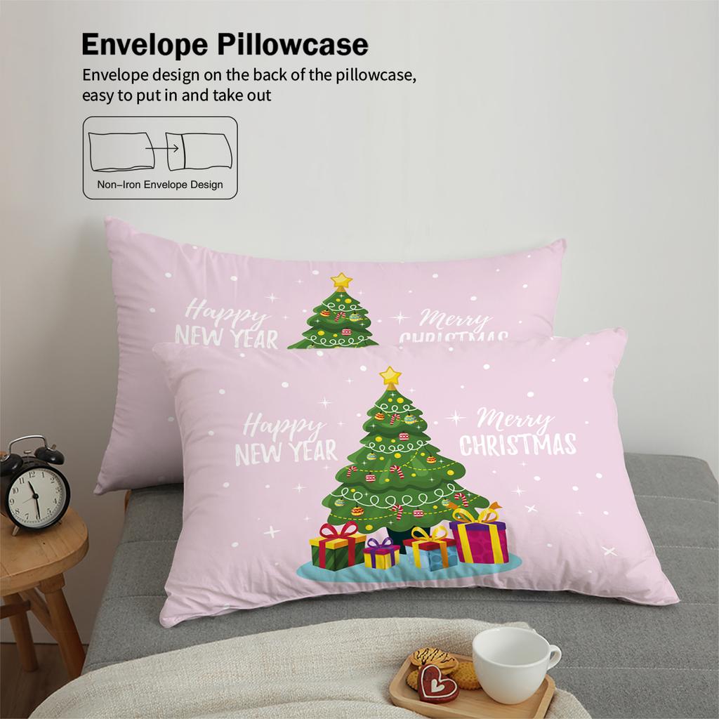 3-piece Christmas themed pink Christmas tree print (1 duvet cover+2 pillowcases, no core) comfortable bedding set