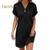 Summer Mini Dress Short Sleeves V Neck Loose Pure Color Dress Bohemian Buttons Casual Dress for Beach Vacation Daily Wear