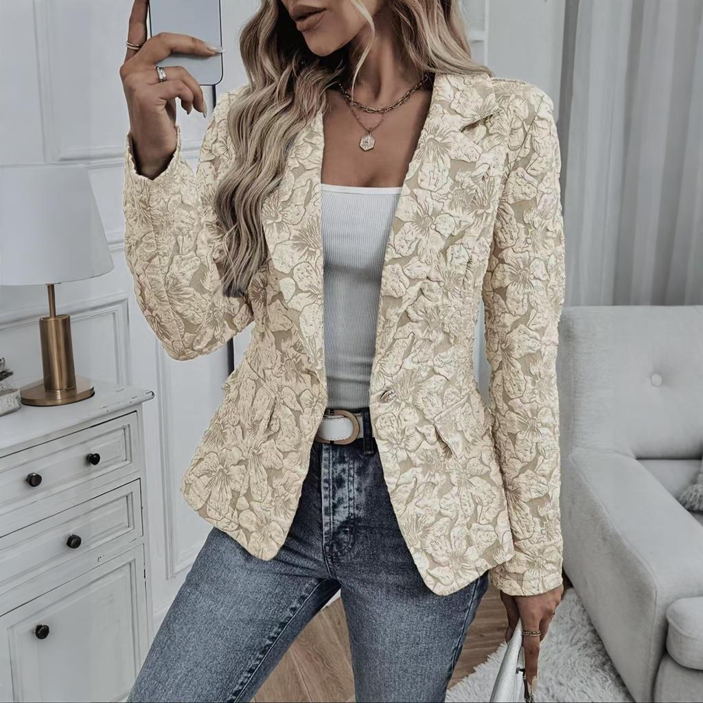 Women's Fashion Lapel Button Long Sleeve Casual Vintage Jacquard Slim Fit Blazer Jacket for Office Work Daily Wear