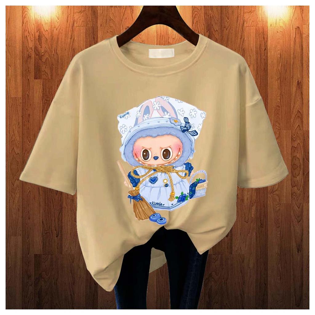 New Labubu Children's T-shirt Maid Outfit LABUBU Pattern Round Neck Short Sleeved Casual Versatile Girl's Top