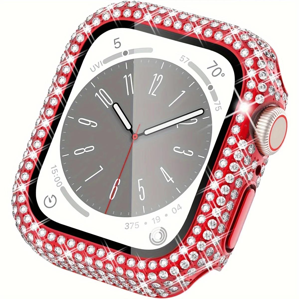 

BUSKOZ Rhinestone Decor Tempered Glass Screen Protector Watch Case For Apple Watch 38/40/41/42/44/45Mm,Series SE/9/8/7/6/5/4/3 For Apple Watch 46mm красный