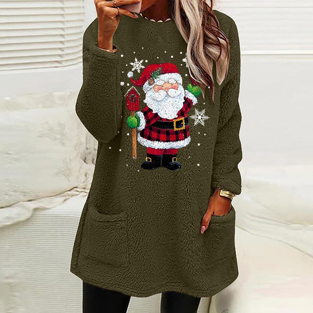 Cross-border Women's Christmas Grandpa Print Plush Hoodie with Pockets