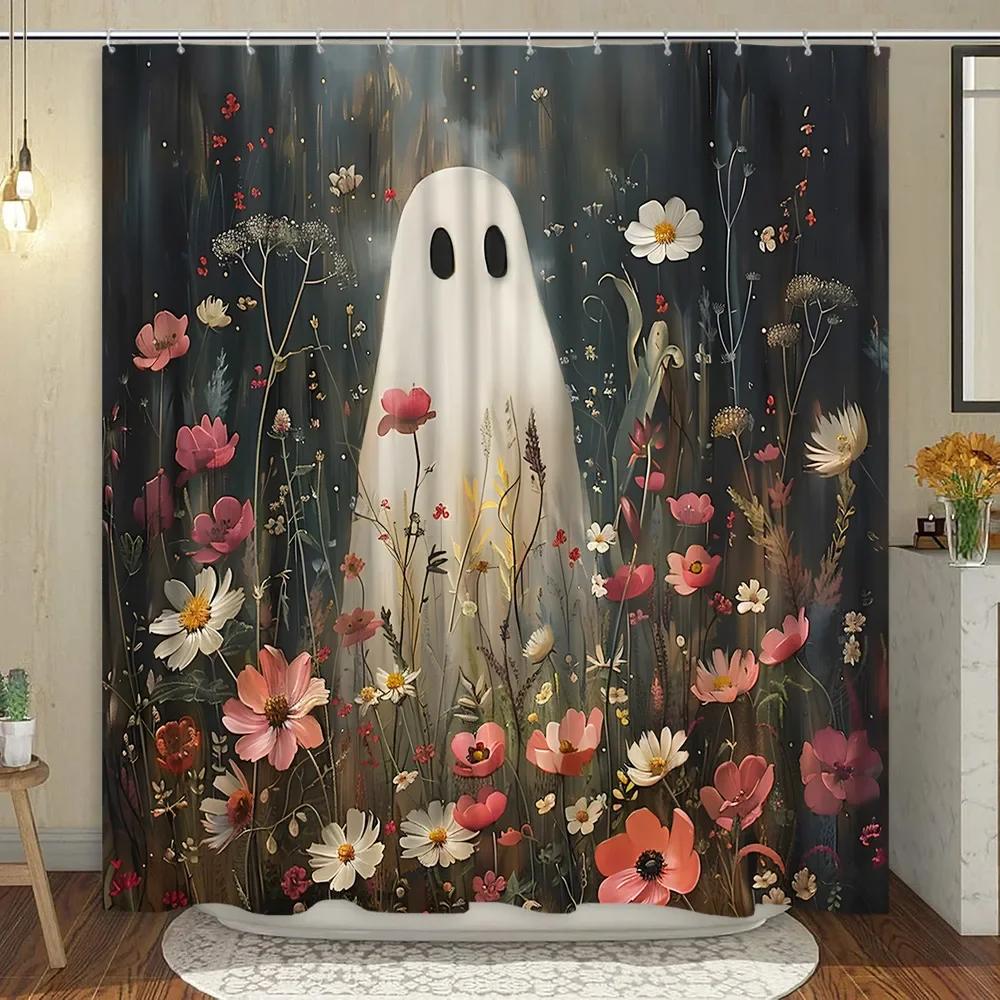 Cute Ghost Shower Curtain Cartoon Spooky Flower Plant Candle Watercolour Modern Home Polyester Fabric Bathroom Decor Curtain Set