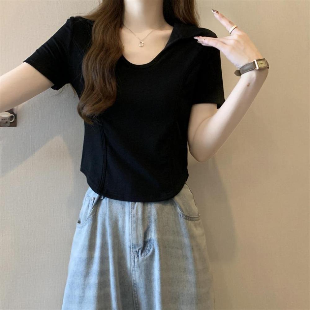 V-neck Short Sleeve T Shirt Pullover Flip Neck Blouses Fashion Y2k Crop Tops Women  Woman