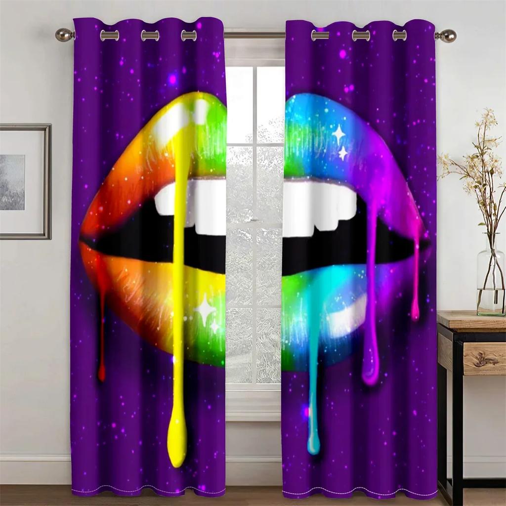 Sexy Red Lips Rainbow Abstract Art Mouth Girl Light Filtering Drapes Window Curtains for Living Room Bedroom 2 Pieces Decor