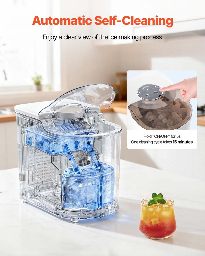 Countertop Ice Maker, 7 Cubes Ready In 6 Mins, 11.8 Kg Per Day, Self-Cleaning Portable Machine with Ice Scoop, Ice-Making Machine with 2 Sizes Bullet