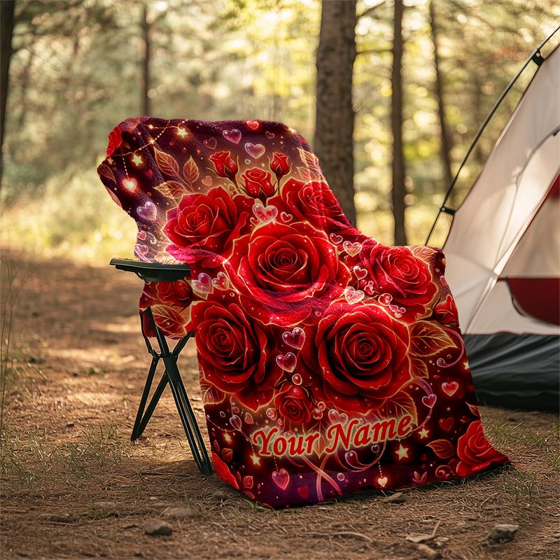 1PC Custom Name Roses Hearts Background flannel blanket versatile,all-season throw suitable for the living room,bedroom,camping,travel,and gift