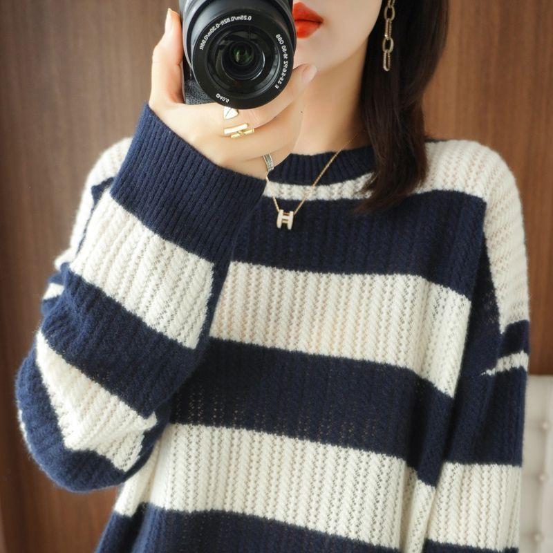 Round Neck Thick Sweater Women's Autumn and Winter Striped Sweater Hollow Loose Knit Sweater
