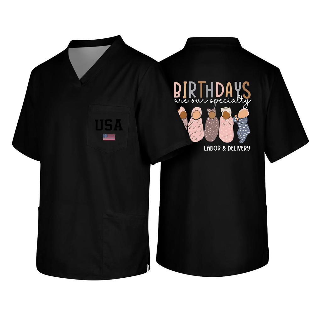 Men's Short Sleeve V-Neck Scrub Top with Pocket - Labor Day Fun Print - Uniform Tunic