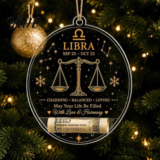 Gift Box Accessories Christmas Tree Money Holder Pendant, Transparent Acrylic Round Hanging Ornament, 12 Festive Home Decor Zodiac Signs Theme