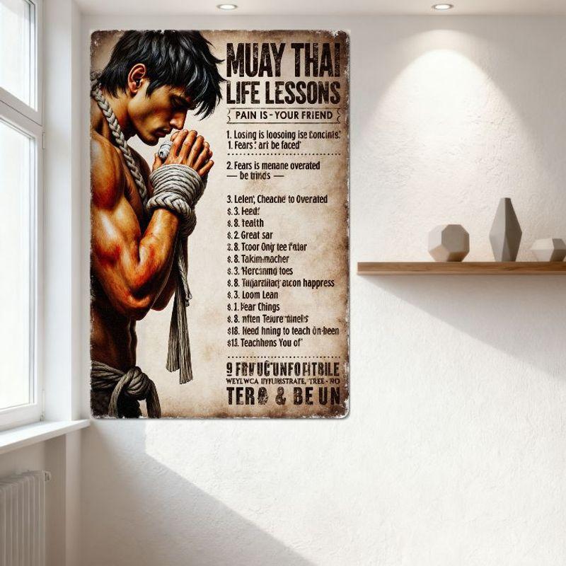 Vintage Muay Thai Life Lessons Metal Tin Sign, Pain Is Your Friend Motivational Wall Art for Gym Home Decor, Traditional Thai Bo