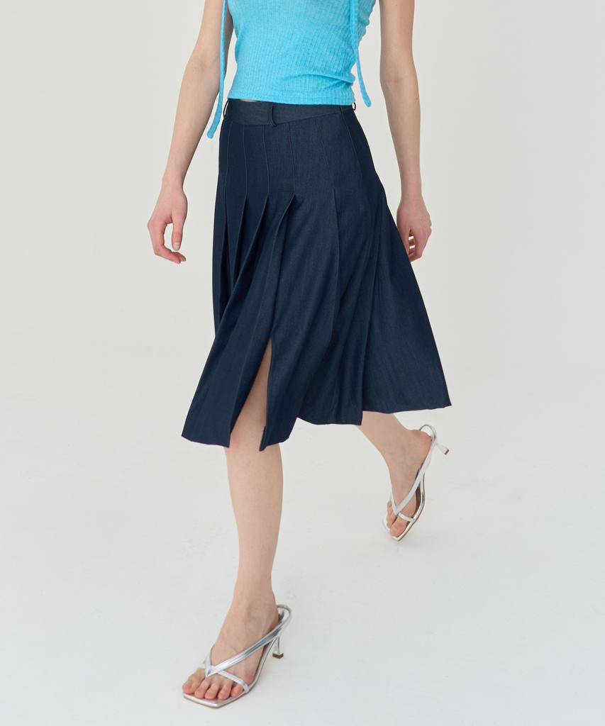 THEFRHT Slit Pleated Midi Skirt (Navy)