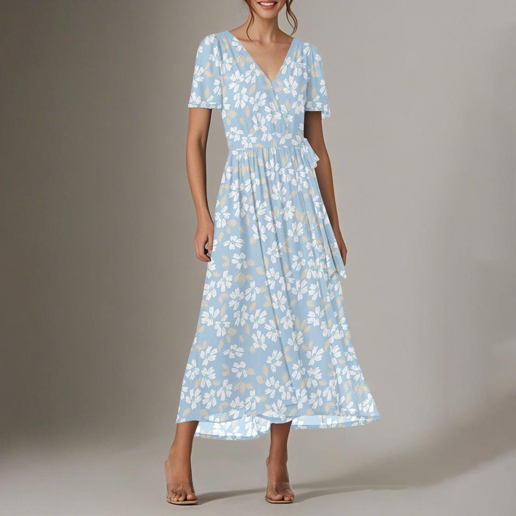 Women's Summer Floral Bohemian Dress Wrap V Neck Short Sleeves Ruffle A-Line Flowy Maxi Dress Summer Dresses For Women