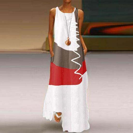New Women's Retro V-Neck Sleeveless Printed Summer Dress with Pockets, Style 9333