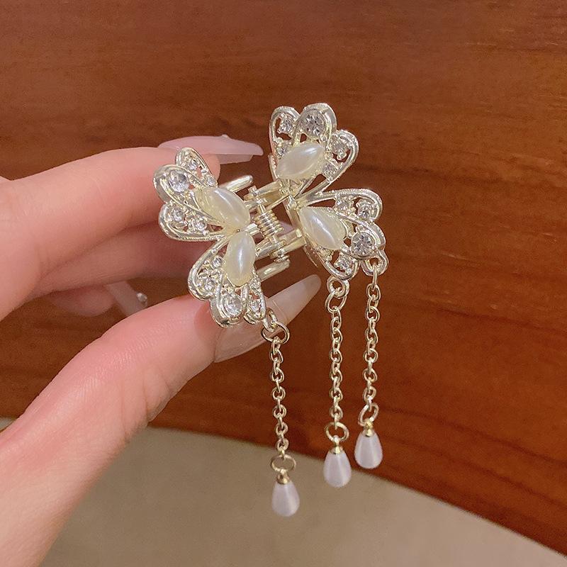 Pearl bow tassel hairpin female summer shark clip Internet celebrity same super fairy grab clip headdress