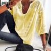 Camicette e camicie da donna con scollo a V, maniche corte, stampa tinta unita casual alla moda