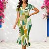 Women Plus Size V Neck Short Sleeve Green Printed Fitted Fishtail Dress