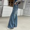 Autumn Tween Girl Dark Blue Jeans Foldable Wide Leg Denim Pants Kids Child Spring High Waist Jeans Trousers Age 4 To 14 Y