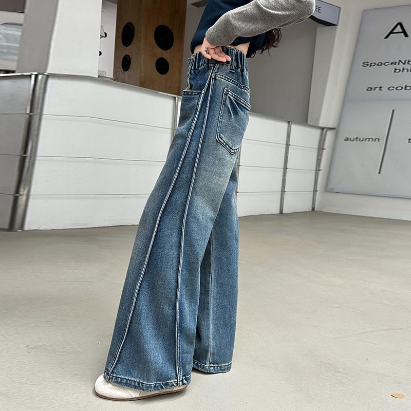 Autumn Tween Girl Dark Blue Jeans Foldable Wide Leg Denim Pants Kids Child Spring High Waist Jeans Trousers Age 4 To 14 Y