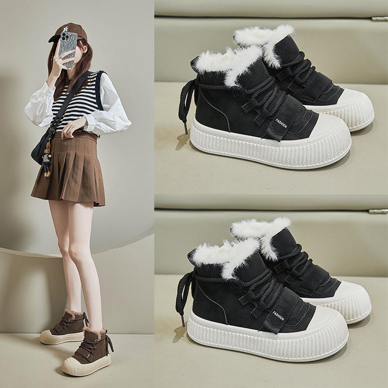 Women's High-Top Sneakers Outdoor Slip-On Faux Fur Lined Snow Boots Casual Lace Up Ankle Booties Winter Warm Shoes Plush Lined Short Boots for Female