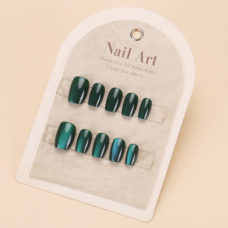 24Pcs Short Square Cat Eye Press On Nails Green Ballet French Tip Full Cover Fake Nails Reusable Wearable Manicure