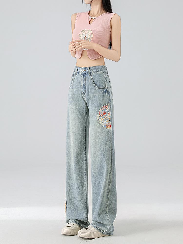 2025 Summer Women's High-Waist Wide-Leg Jeans with Embroidered Chinese Style