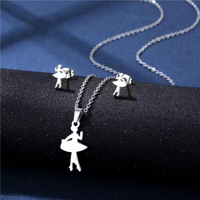 Stainless Steel Necklace & Earring Set - Smooth Clavicle Design with Stud Earrings