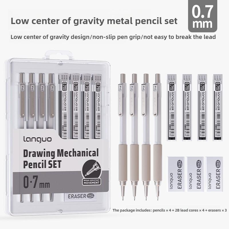 Set de Lápices Mecánicos Metálicos LANGUO 0.3/0.5/0.7/0.9mm Con Goma de Borrar Agarre Suave para Bocetos Artísticos Dibujo Papelería Material Escolar