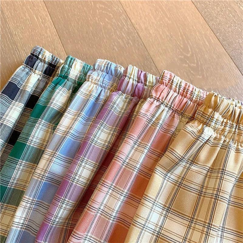 Damen Leichte Elastische Sommer High Waist Weitbein Freizeithose Retro Karomuster Locker Allround Gerade Hose