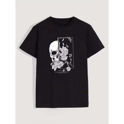 T-Shirt for Men Skull & Flowers Print T-shirt Short Sleeve Tee Casual Sports Clothing for Males Fashion Plus Size Men's Clothing
